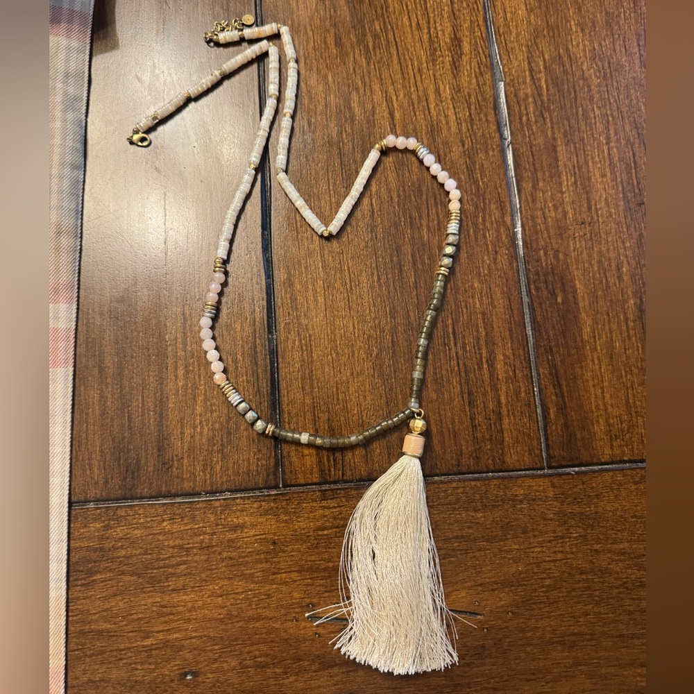 Stella & Dot Pink and Gold Beaded Necklace with Tassel